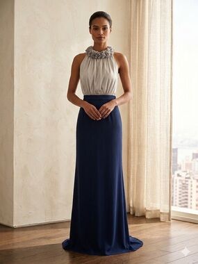 NWT Carolina Herrera Silk Ruffle Halter Gown Navy & Champagne + Garment Bag